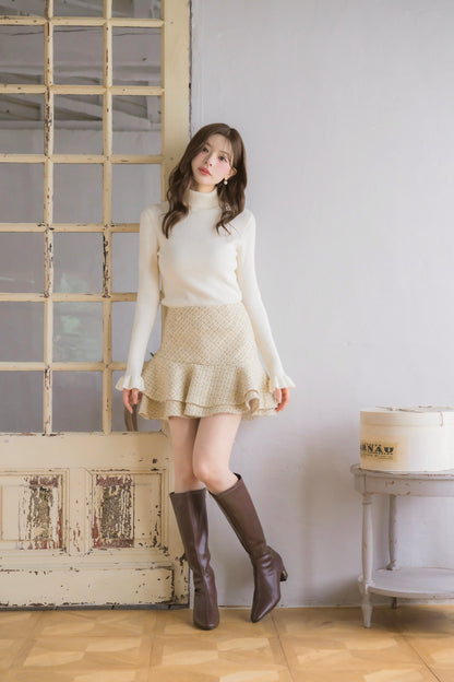 frill high-neck rib knit