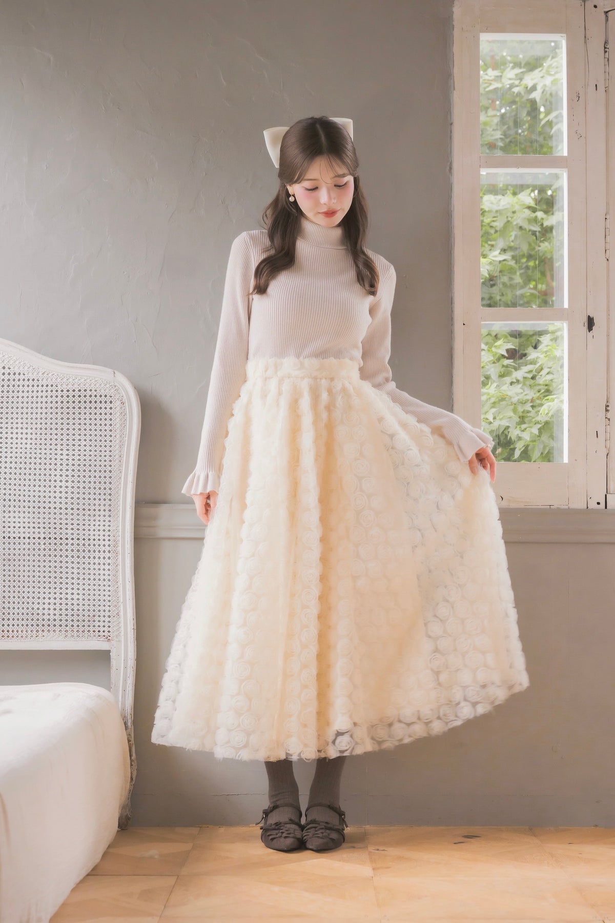 frill high-neck rib knit