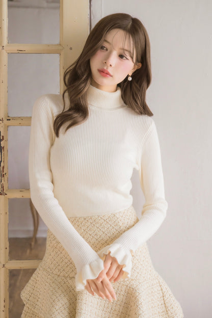 frill high-neck rib knit