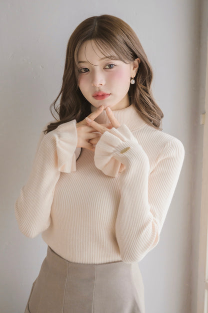 frill high-neck rib knit