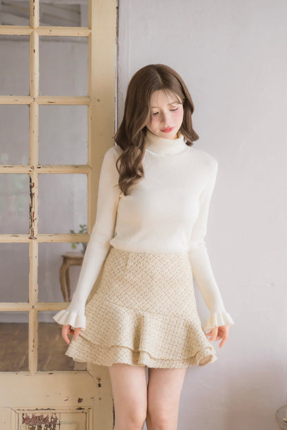 frill high-neck rib knit