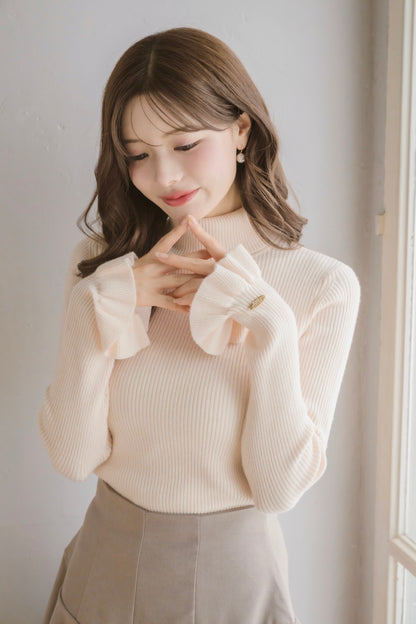 frill high-neck rib knit