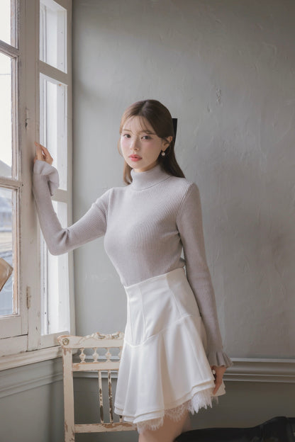 frill high-neck rib knit