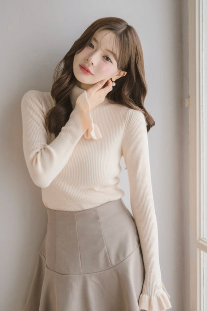 frill high-neck rib knit
