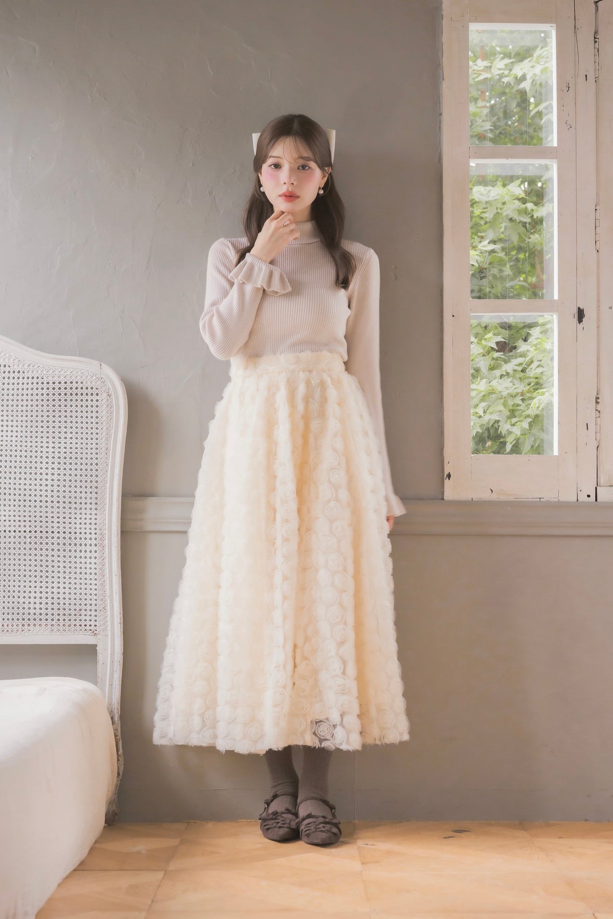 frill high-neck rib knit