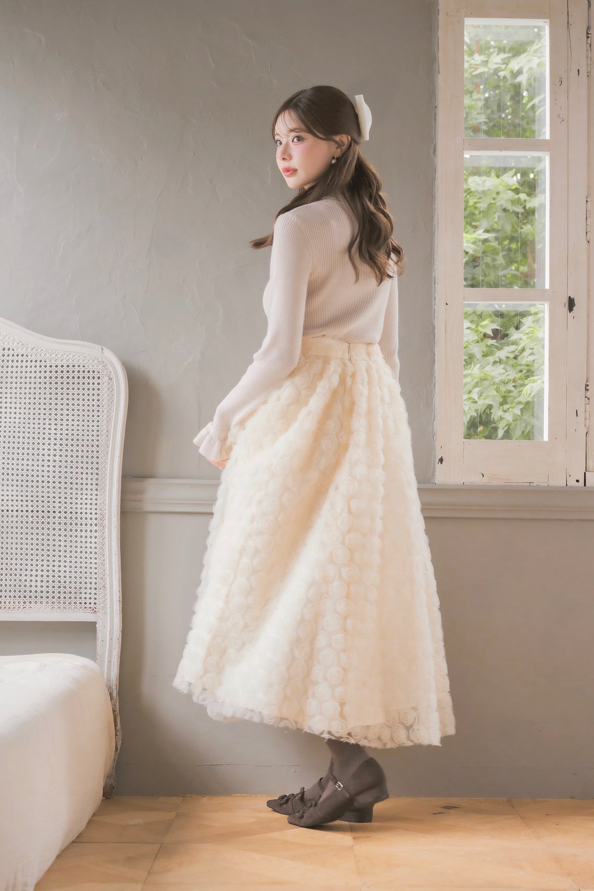 frill high-neck rib knit