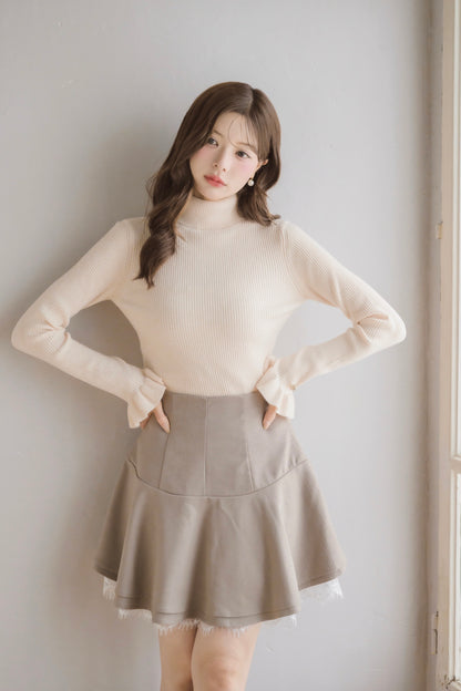 frill high-neck rib knit