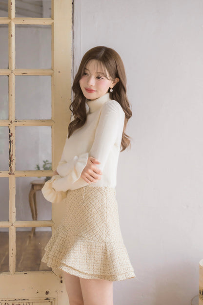 frill high-neck rib knit