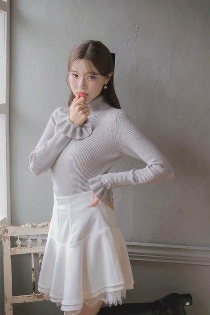 frill high-neck rib knit