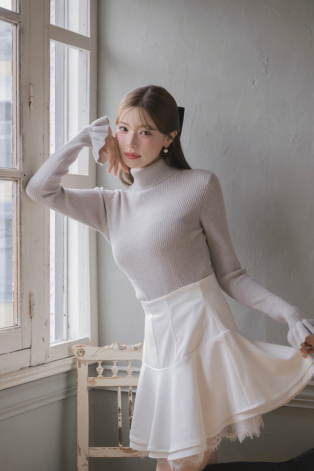 frill high-neck rib knit