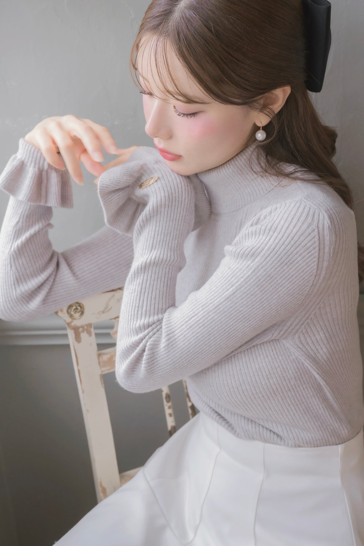 frill high-neck rib knit