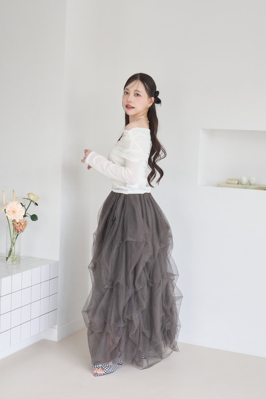 drape ribbon tulle skirt
